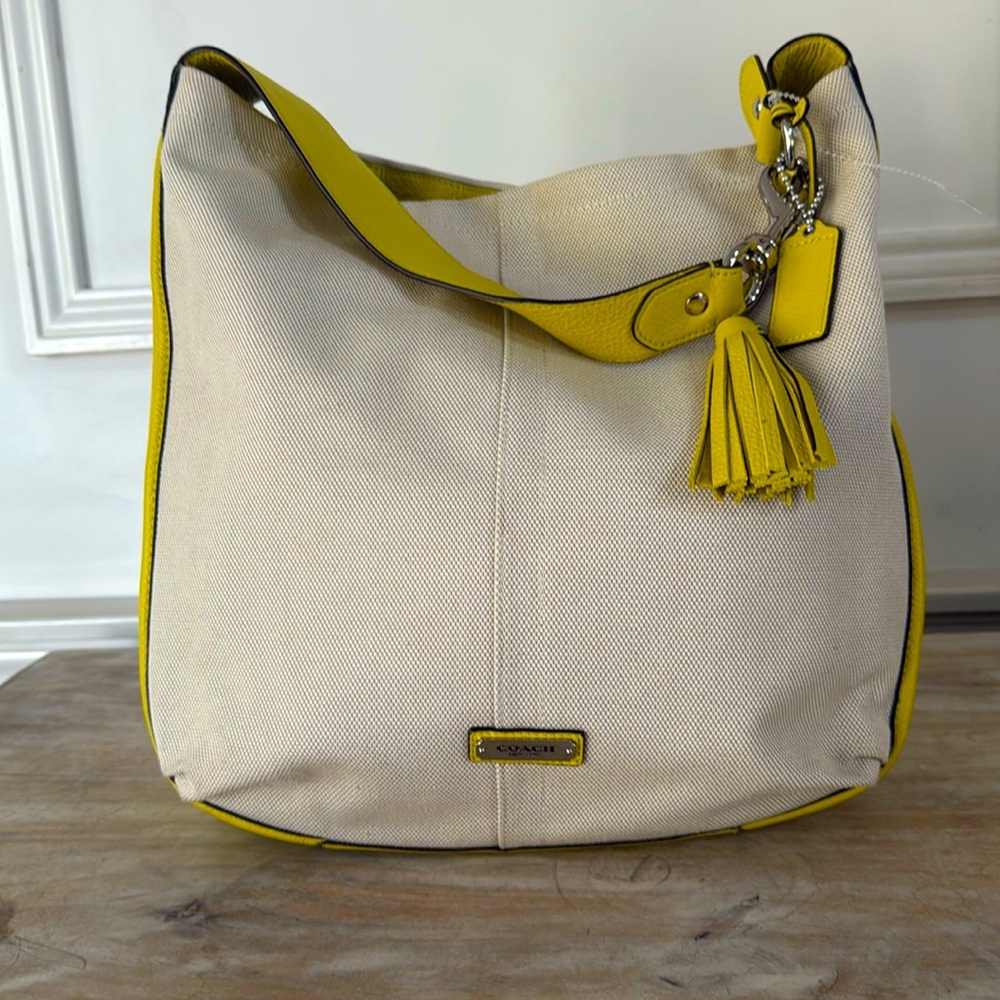 COACH Avery Hobo Natural Canvas & Chartreuse Pebbled Leather Shoulder Bag